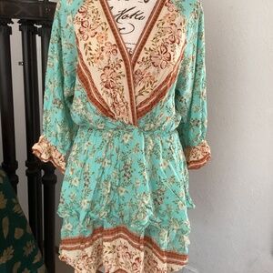 Umgee Soft Cotton Double Tier Floral Print Ruffle Sleeve Dress